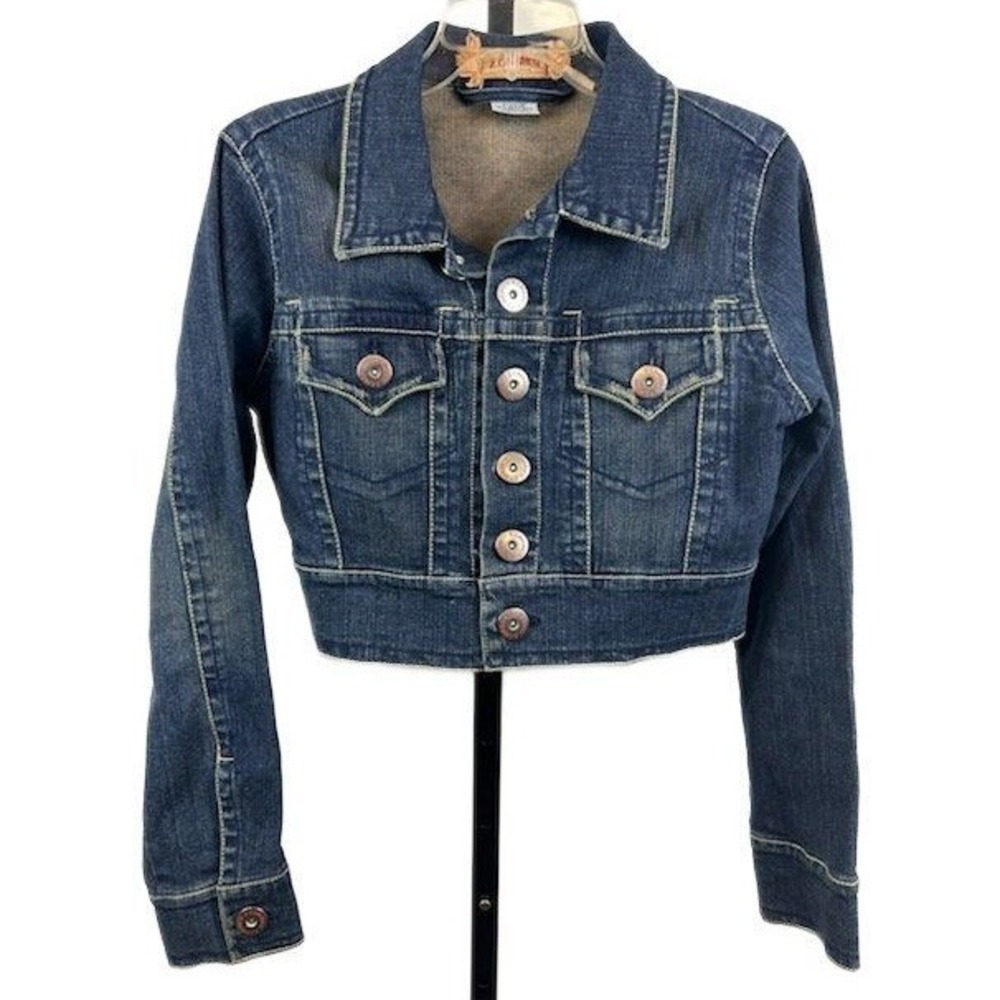 Z Cavaricci Jean Jacket Women's Size Large Blue Vintage Cropped Denim Button Y2K
